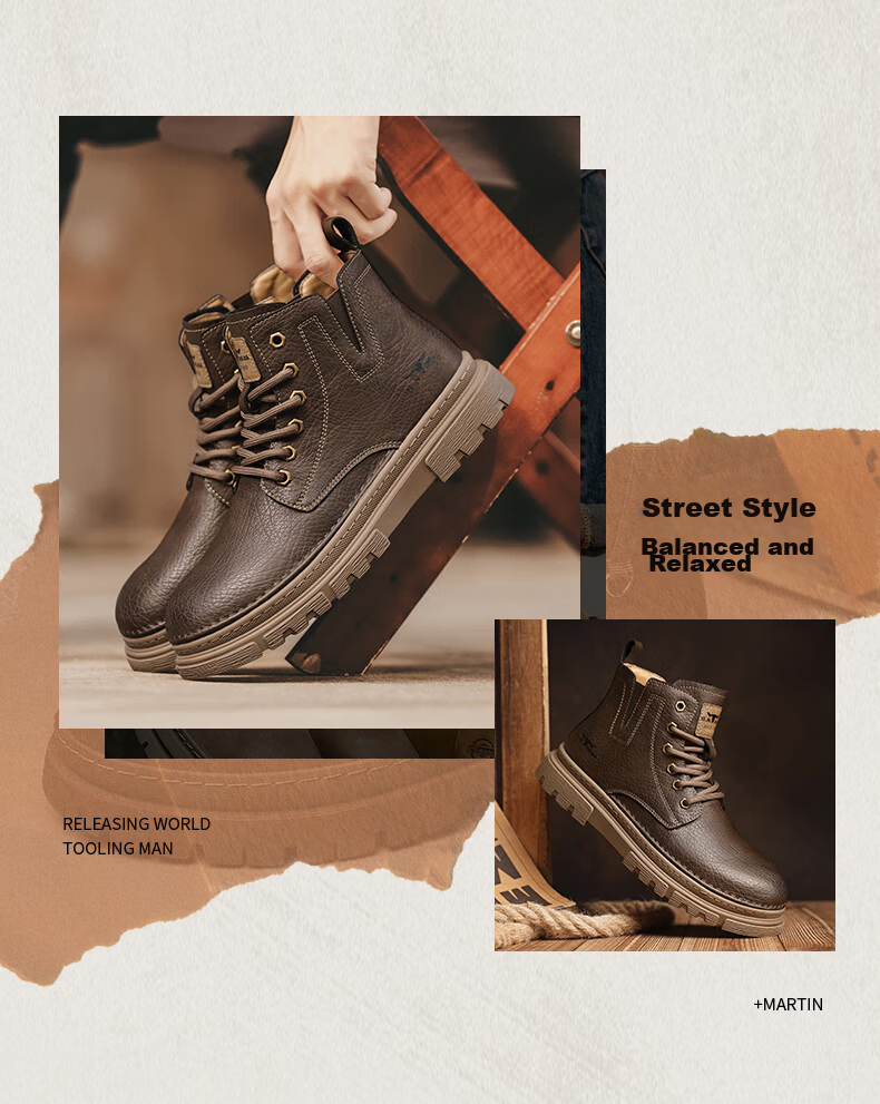 Bull Family Men's Boots Autumn Winter New British Retro Martin Boots Thick Sole Wear-Resistant Men's Work Boots Versatile Casual High-Top Shoes 3