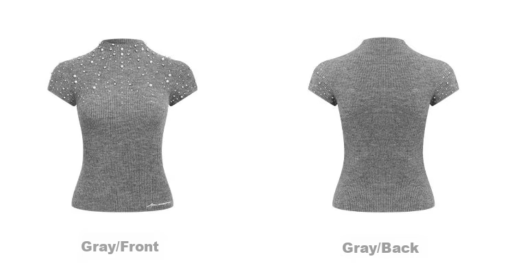 ANN ANDELMAN Galaxy Series Pearl and Diamond Embellished Semi-Turtleneck Short Sleeve Knit Top Fashion Slim Fit Gray XS 11