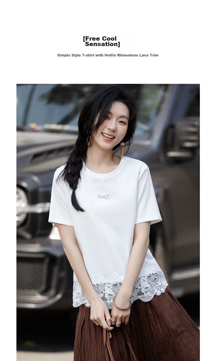 Demana [Qinshuang Solona] Summer Simple Style Rhinestone Lace Trim Letter Slim Fit T-Shirt for Women Premium Feel 5