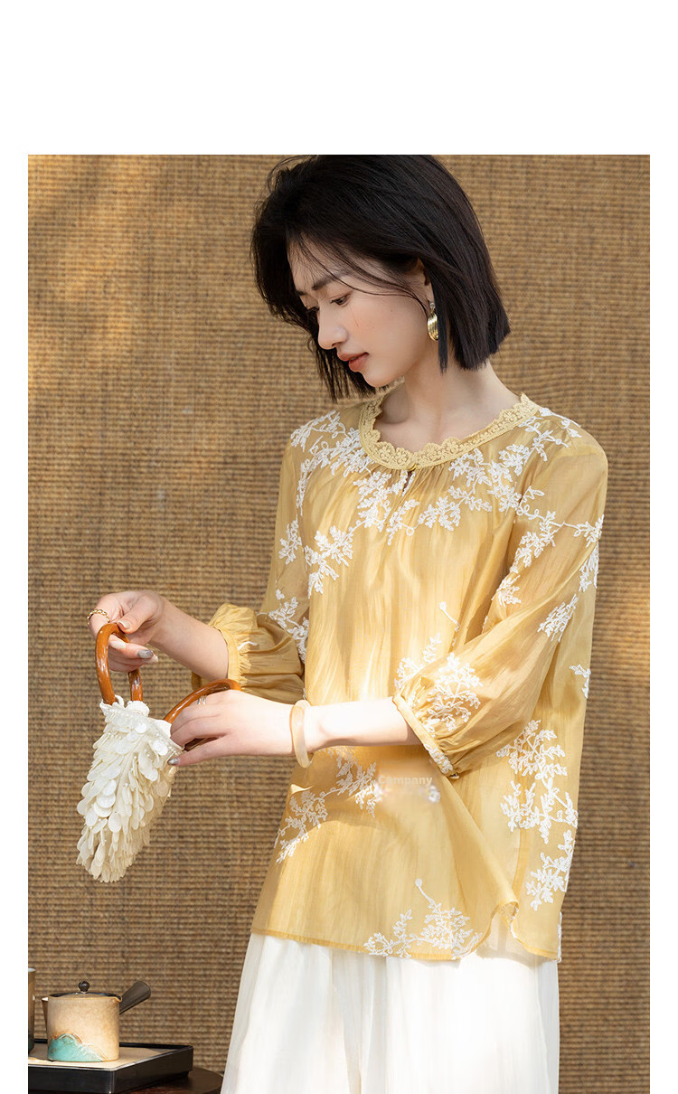 Demana [Refreshing Lyocell] Summer Lace Collar Embroidered Short Sleeve Loose Slim Fit Petite Shirt for Women Premium Quality 10