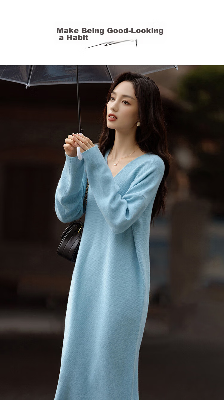 Demana [With Wool] Spring Lightweight Urban V-Neck Drop Shoulder Waistless Jacquard Straight Small Women's Dress 1