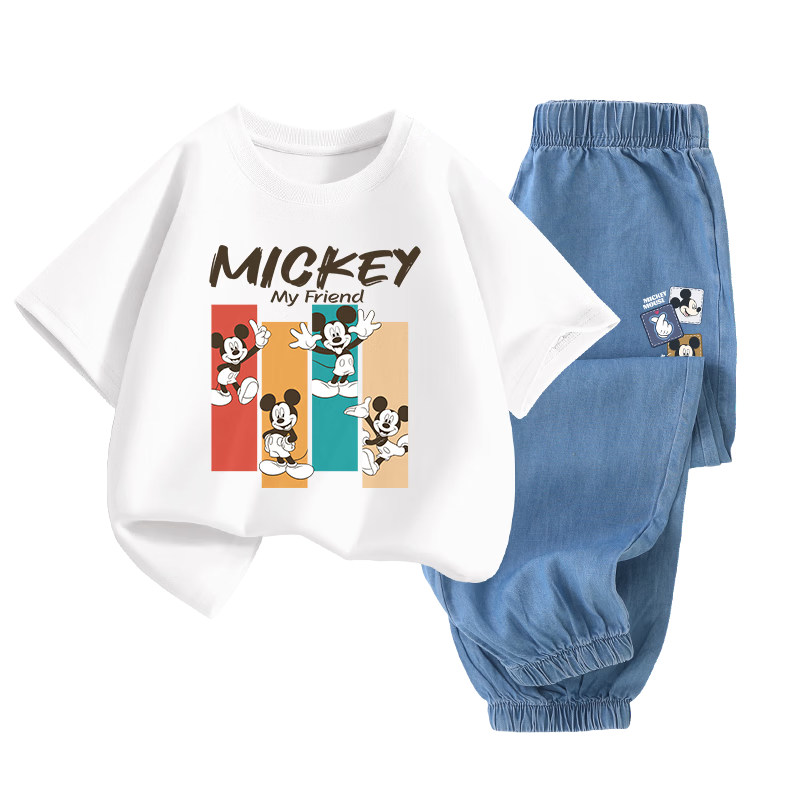 Disney Kids Set Boys and Girls Short Sleeve Tencel Denim Mosquito-Proof Pants Dido T White + Disan K Dark Blue 140