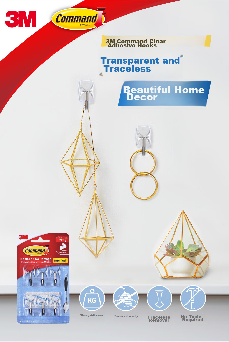 3M Hook, Invisible Transparent Hooks, No-Drill Strong Adhesive Hooks, Small Bathroom Hooks, 4 Pieces 1
