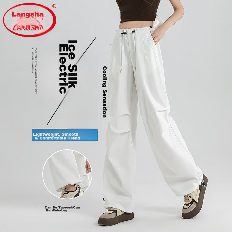 Langsha Women's American Style Parachute Work Pants Summer Thin Quick-Dry Sports Straight-Leg Sun-Protective Hiking Casual Wide-Leg Pants