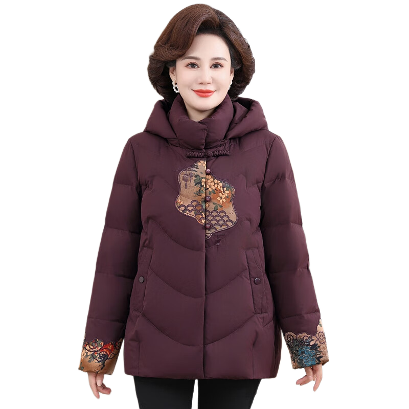 Qiufuluo Mom's Winter Red Warm High-Quality Down Cotton Coat Middle-Aged and Elderly Women's Fashion Jacket for 50s and 60s