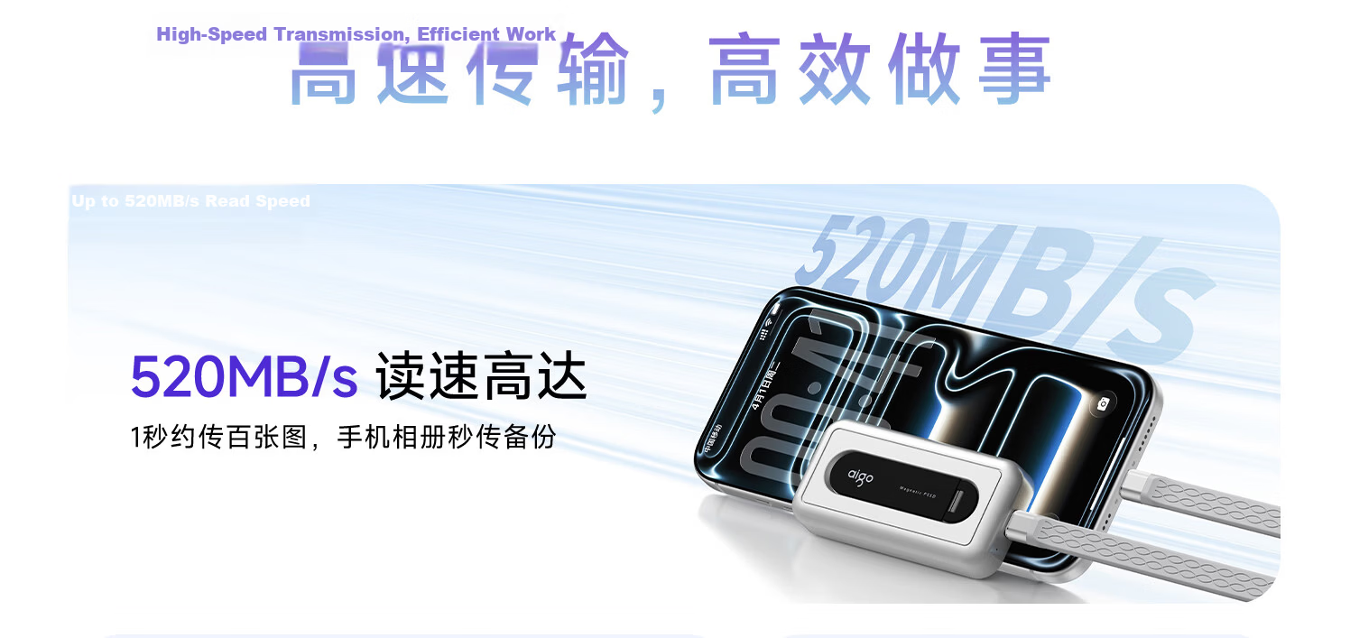 Aigo 2TB Type-C Magnetic Portable SSD USB 3.2 520MB/s AP20 Large Capacity Mobile Phone Stand Function App Backup 5