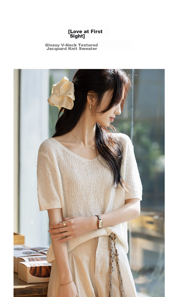 Demana [with Lyocell/Cotton] Summer Glossy V-Neck Textured Jacquard Loose Slim Knit Sweater for Women Premium 5