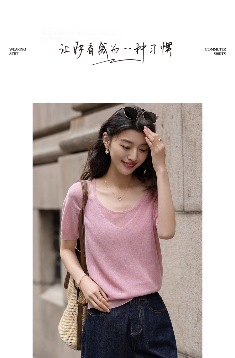 Demana [Breathable Tencel] Spring Design Fake Two-Piece Short Sleeve Sweater Gentle Slimming Women's Knitwear 13