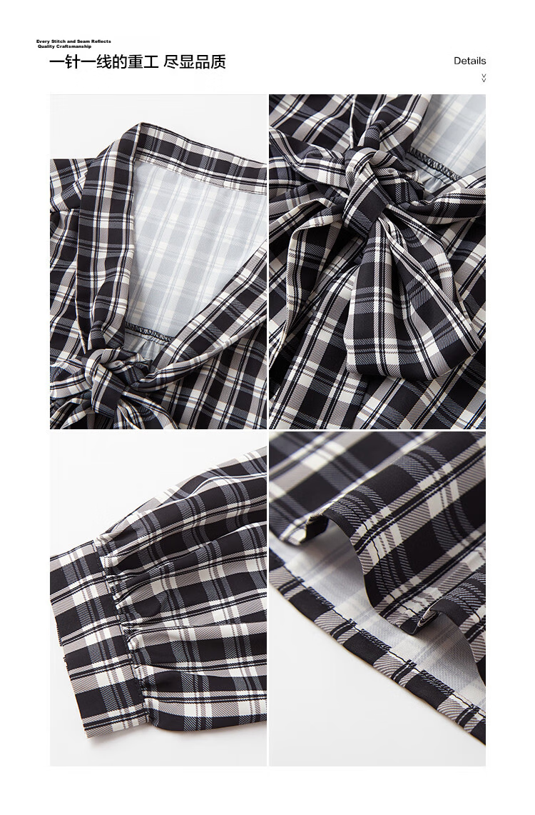 MT Black and White Checkered Bow Autumn Slim Fit Non-Stretch A-Line Long Sleeve Plaid Dress for Women 11