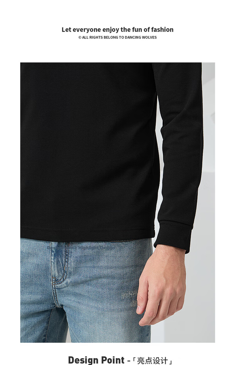 DANCING WOLVES Fleece-Lined Autumn Winter Basic Commuter Skin-Friendly Warm Men's Long Sleeve Polo Shirt 001 Black 175 2