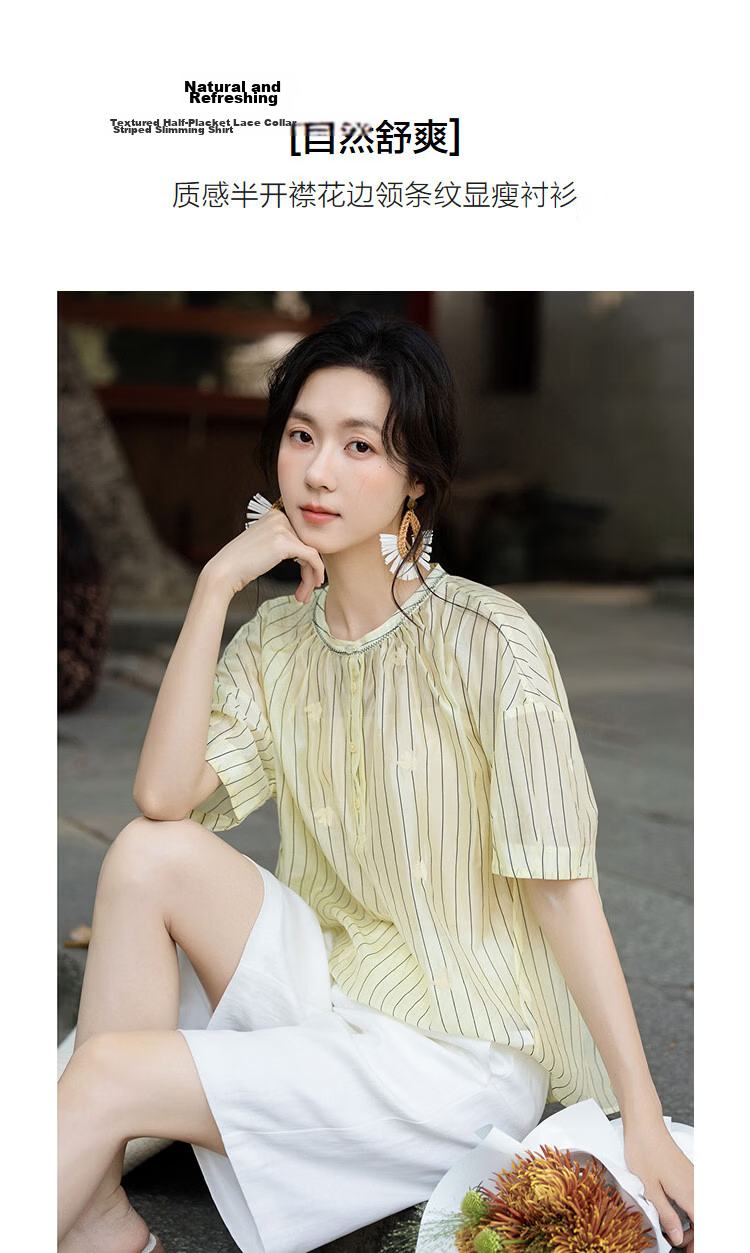 Demana [Comfortable Lyocell] Summer Textured Half-Placket Lace Collar Striped Embroidered Loose Slimming Shirt for Women Premium 3