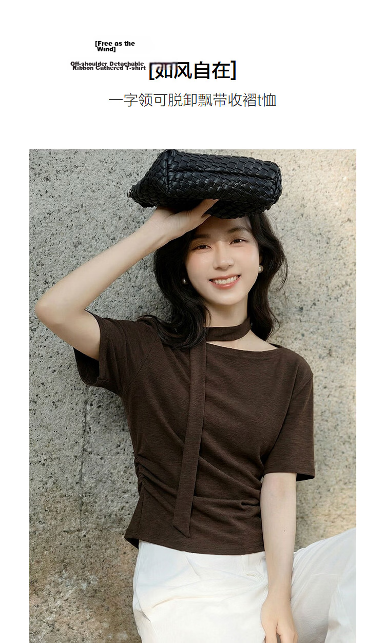 Demana [Like the Wind Freedom] Summer Cloud Oxygen Cotton Off-Shoulder Detachable Ribbon Ruched Slim T-Shirt for Petite Women 4