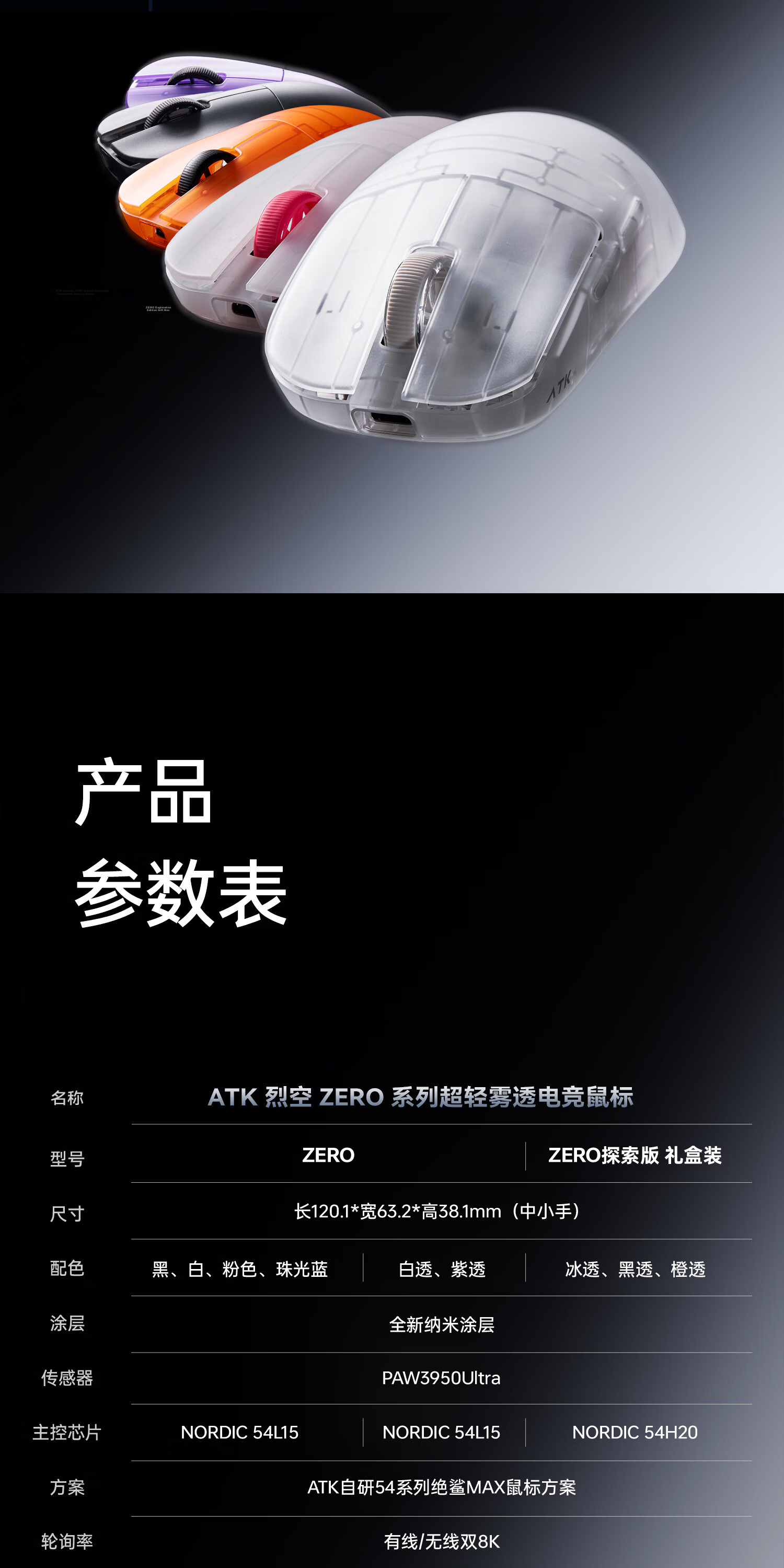 ATK LieKong ZERO Wireless Mouse Wired/Wireless Dual-Mode Lightweight Ergonomic Gaming Office Mouse ZERO Exploration Edition Orange Transparent 15