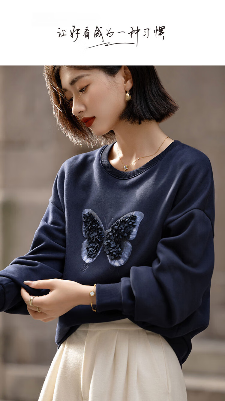 Demana [350G Thermal Outlet Fleece] Winter Crew Neck 3D Floral Butterfly Embroidered Loose Sweatshirt Top 1