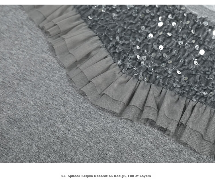 LOUISYAO Sequin Embellished Mesh Splice Sweatshirt 2025 Autumn Winter New Split Hem Fashion Top for Women Gray S 21