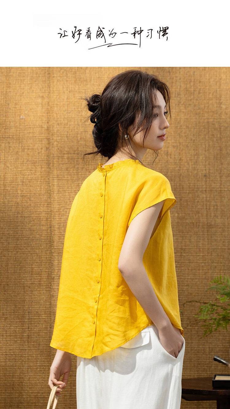Demana [Ramie Lyocell Blend] Summer Artistic Style Ruffled Round Neck Cap Sleeve Slim Fit Shirt for Women High-End Feel 1