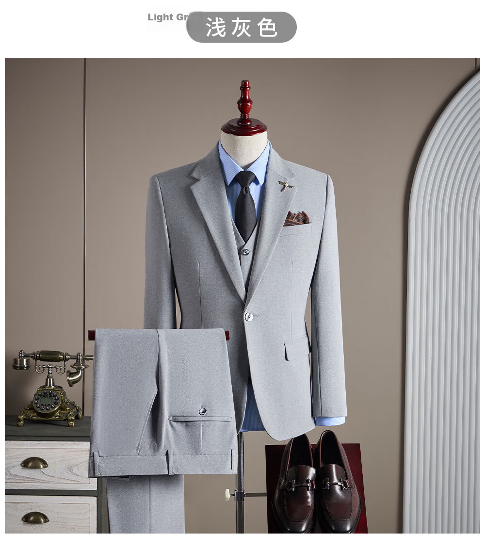 ROMON Men's Business Suit Set Blazer + Vest + Trousers Wedding Formal Jacket Black 3XL 34