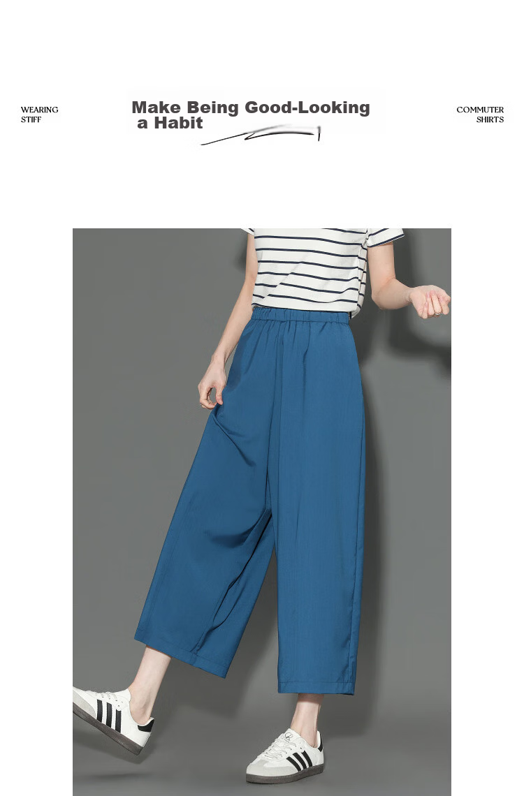 Demana Summer Cropped Pants Elastic Waist Pleated Loose Slim Wide-Leg Casual Pants for Women 8