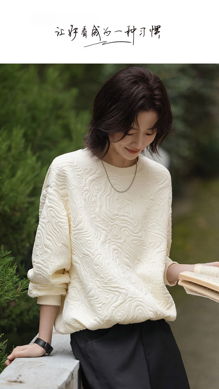 Demana Jacquard Embossed Spring Heavy Texture Crewneck Loose Fit Inner Pocket Hem Petite Women's Sweatshirt 1
