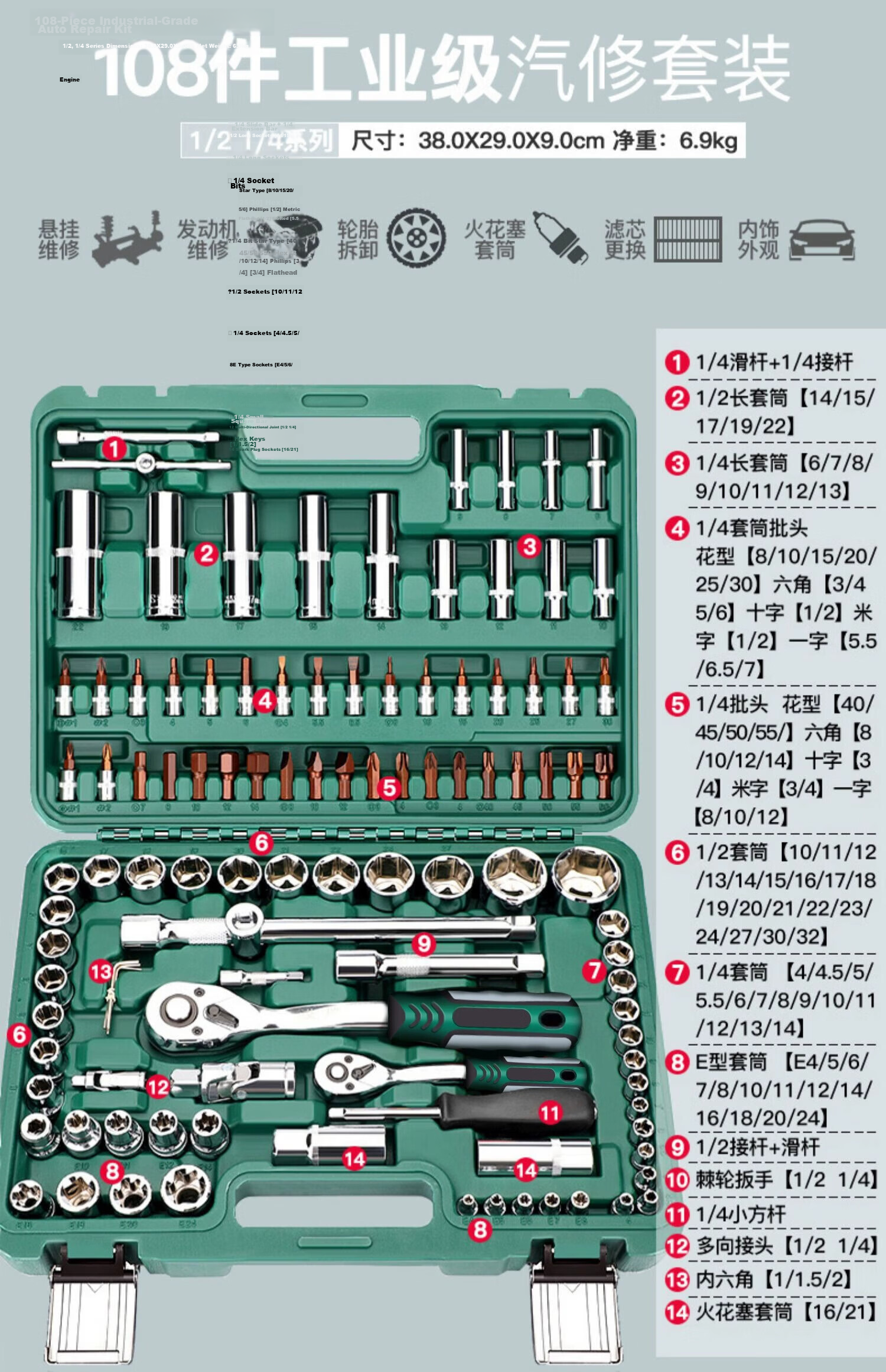 AriZe Auto Repair Tool Set Socket Wrench Ratchet Car Repair Toolbox Small Fly 121-Piece Set 19