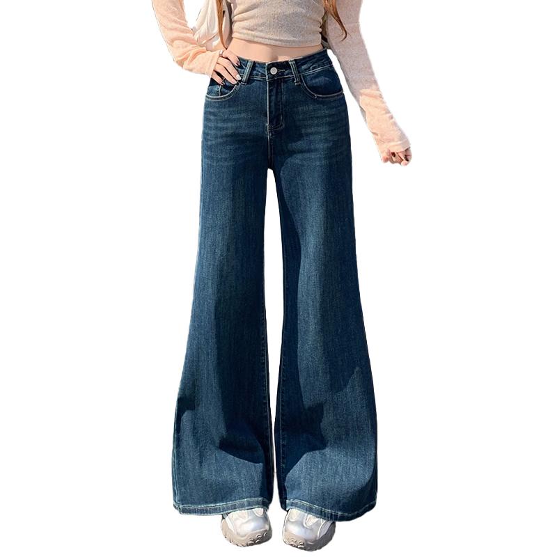 Jeanswest Women's Summer High-Waist Slimming Wide-Leg Casual Flowy Bootcut Jeans Dark Blue XL