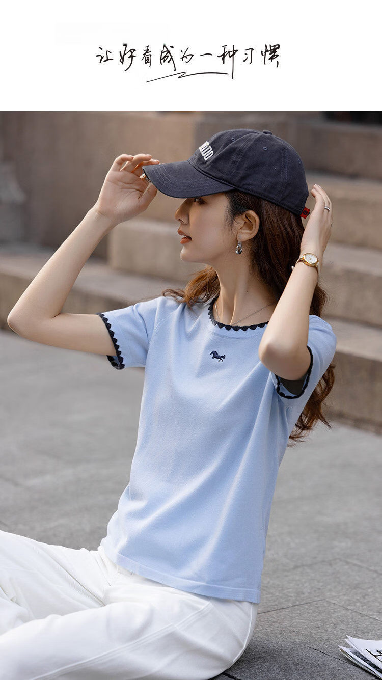 Demana [Breathable Tencel] Spring College Style Round Neck Embroidered Short Sleeve Stretch Knit Sweater for Women Premium Quality 1