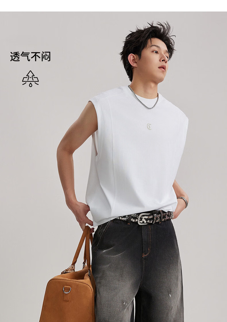 CABBEEN 280G Heavyweight Plain Cotton Men's Vest Soft Breathable Commuter Loose Drop Shoulder Versatile 2026 Season 14