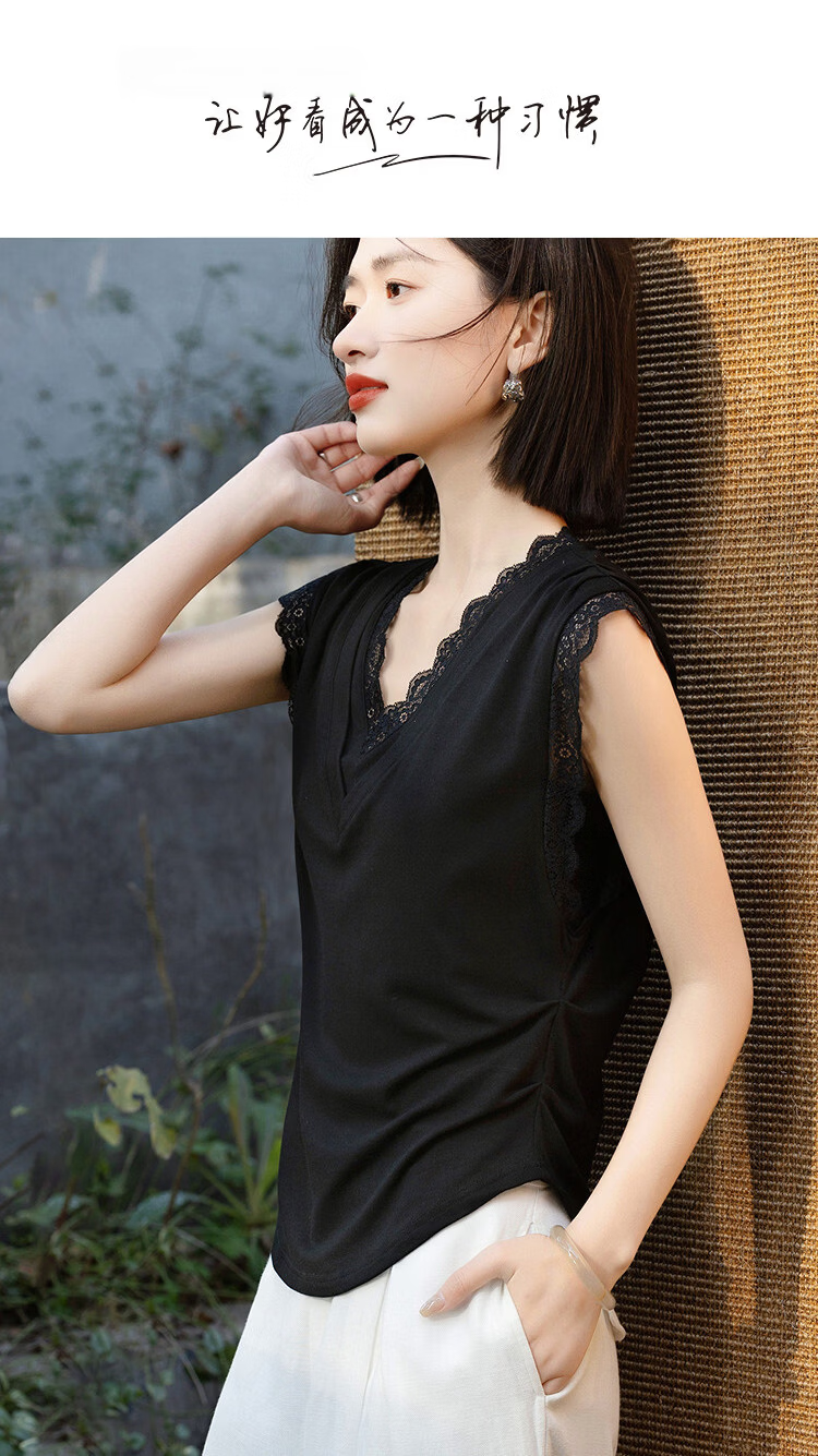 Demana [with Lyocell] Summer Elegant Lace V-Neck Sleeveless Side Ruched Slimming T-Shirt for Women 1