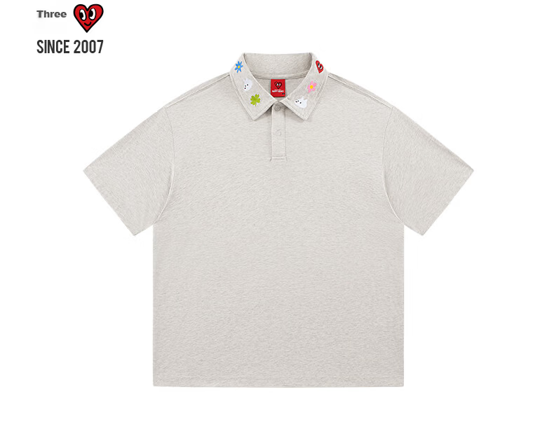 Charles Peach Heart Fresh Collar Cute Embroidered Couple Pure Cotton Short Sleeve Polo Shirt Unisex Casual Black L 5