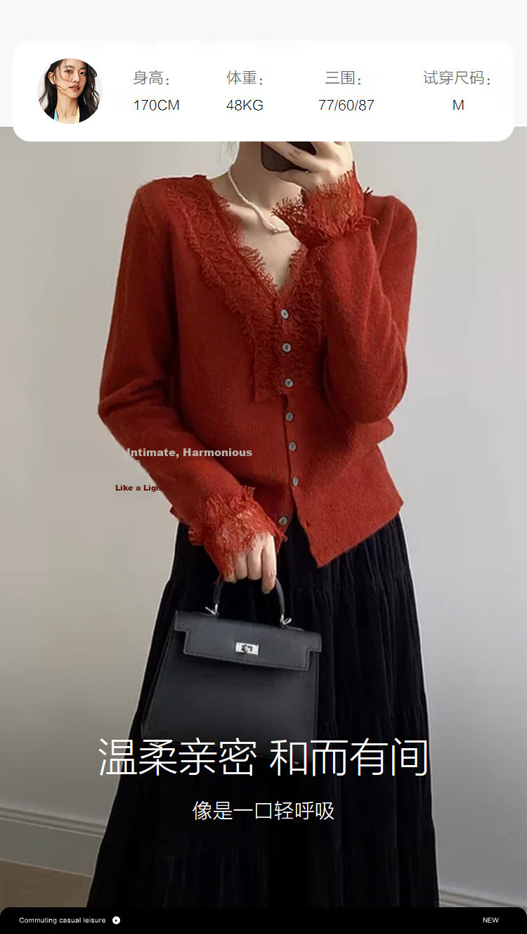 Demana Spring Elegant V-Neck Lace Trim Wool Blend Slim Fit Knit Cardigan for Women 14