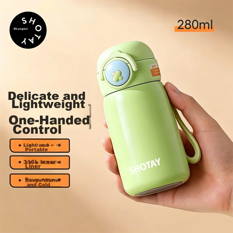 Shangtai Stainless Steel Flip Lid Water Bottle 280ml Compact Pocket Cup 8185 Green 1