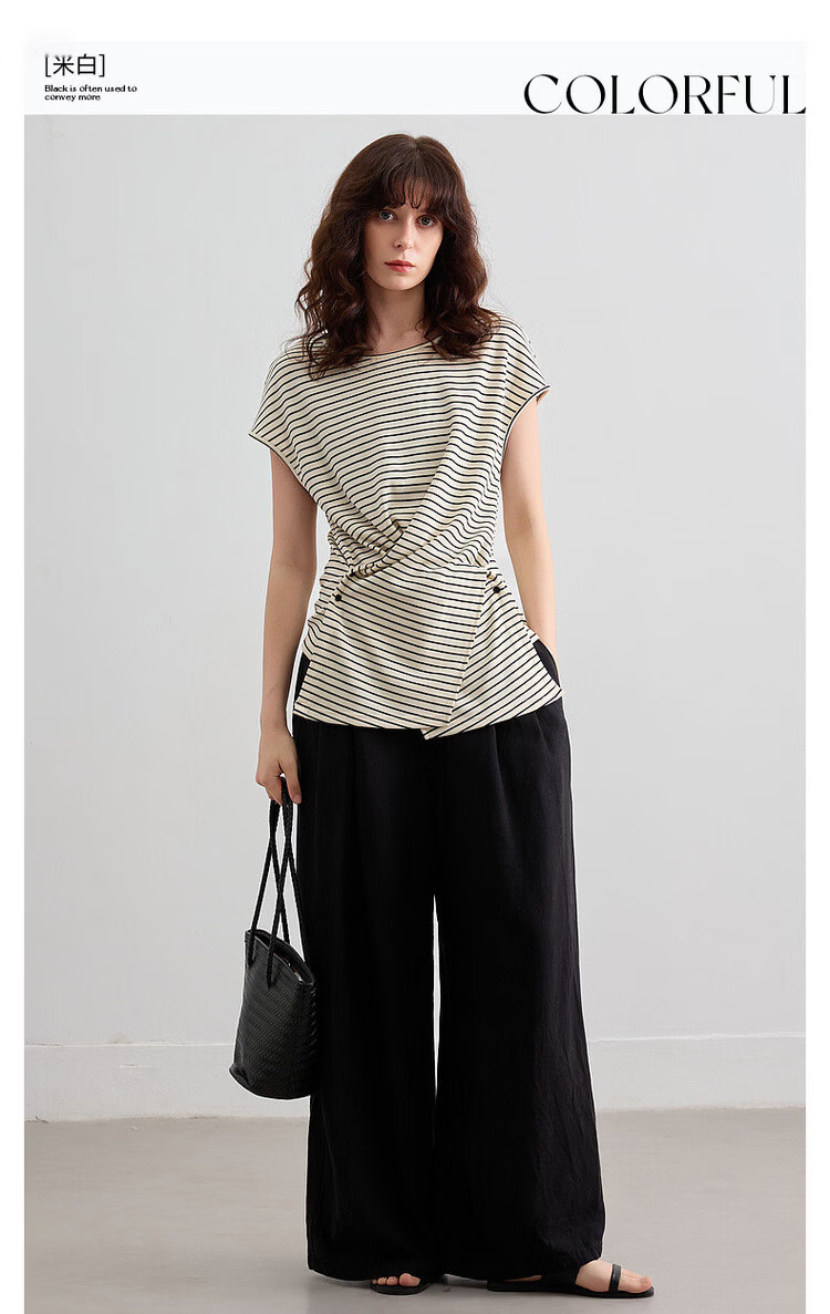 Demana [Mianyun Xiaoqi] Summer Simple Style Colorblock Striped Twist Round Neck Slim Fit Women's T-Shirt 3