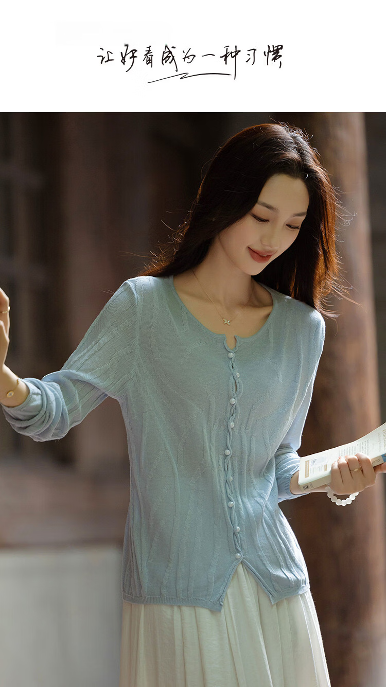 Demana [Linen Lyocell Blend] Spring Elegant V-Neck Twist Jacquard Slim Knit Sweater with Braided Buttons for Women 1