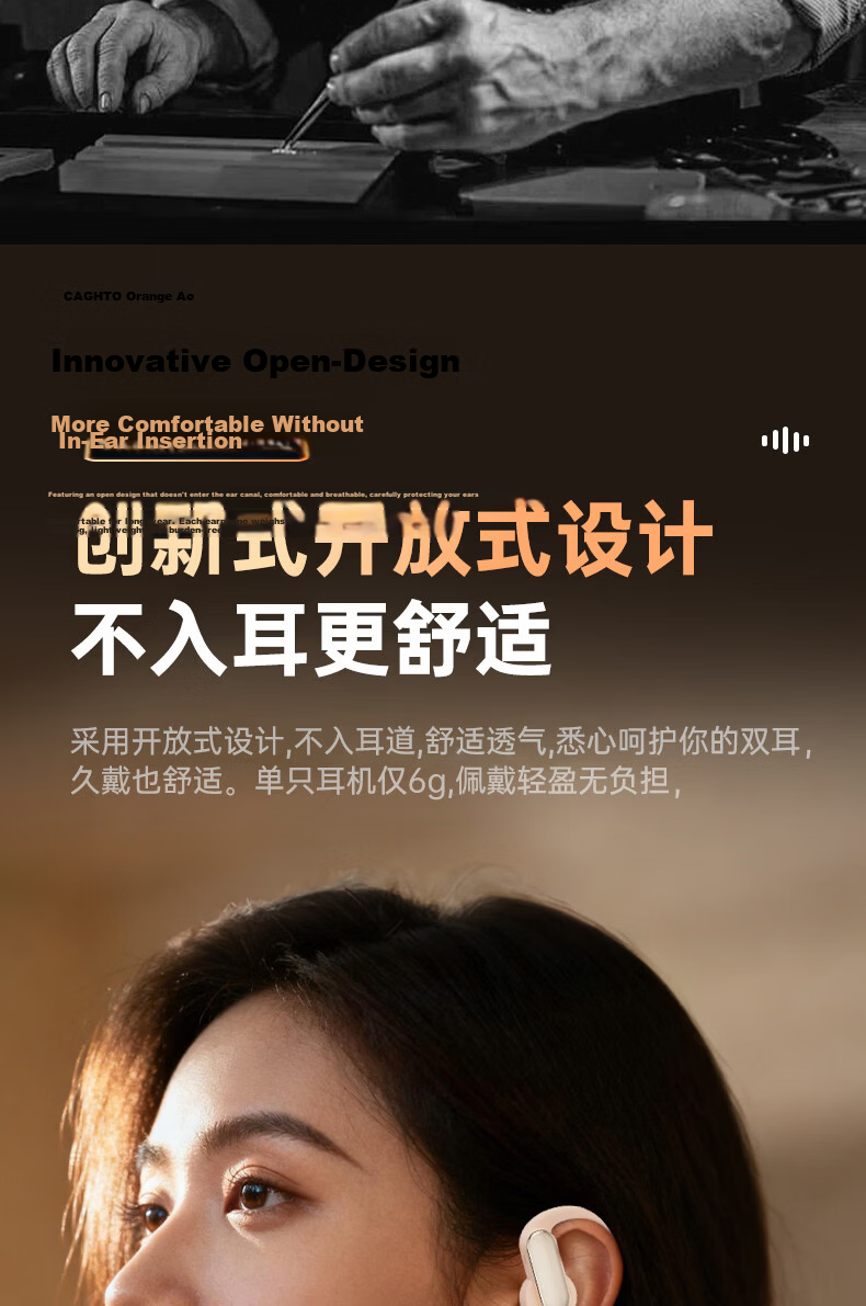 Chengao Clip-On Bluetooth Earphones AI Translation Open-Ear Sports Running Cycling Ear Hook Long Battery Life Noise Cancelling Gaming Low Latency Universal G13Pro Black 16