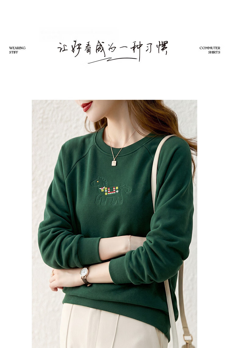 Demana [Cloud Oxygen Cotton Series] Summer Heavywork Pony Embroidery Crew Neck Long Sleeve Slim Fit Petite Sweatshirt for Women Premium Feel 12