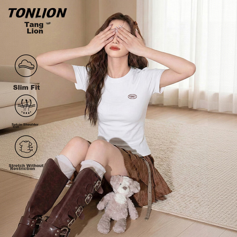 TonLion Women's Slim Fit Short Sleeve T-Shirt, Shoulder Design, Petite Fit, 2026 Summer New Trendy Casual Top
