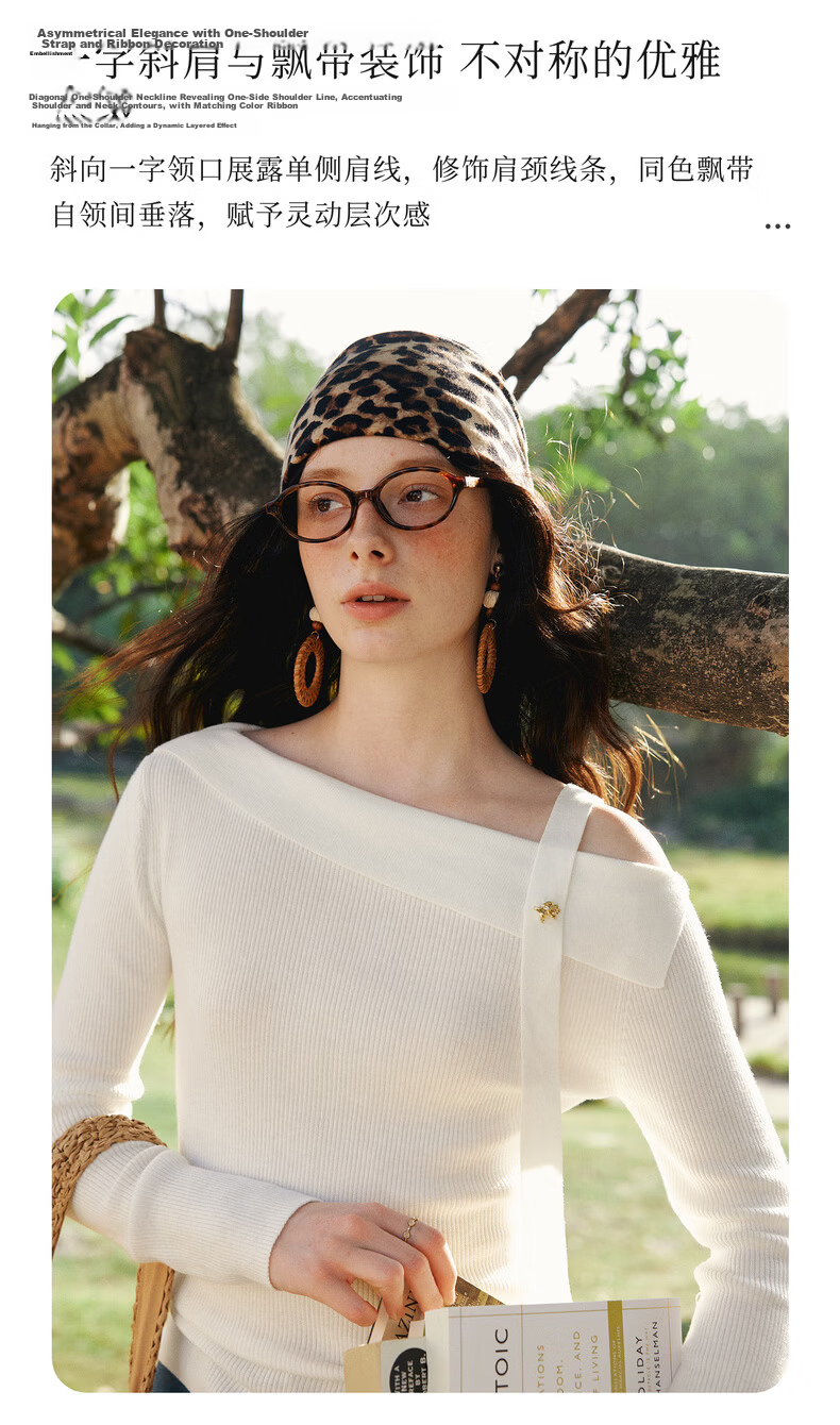 Olrain One-Shoulder Ribbon Pullover Knit Top for Women Spring New Elegant Base Shirt Off-White XL 8