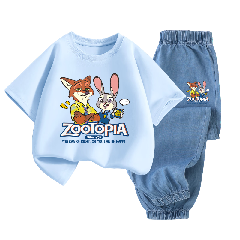 Disney Boys' Short Sleeve Tencel Set Crazy Animals Rabbit Fox Ice Blue T-Shirt + Rabbit Fox Dark Blue Pants Size 120