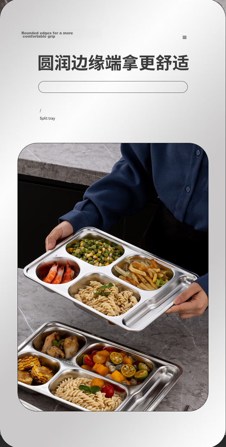 Danshizhiyuan 304 Stainless Steel Fast Food Tray Divided Plate School Canteen Dinner Plate Large Round Six-Compartment (Beijing Warehouse) 6