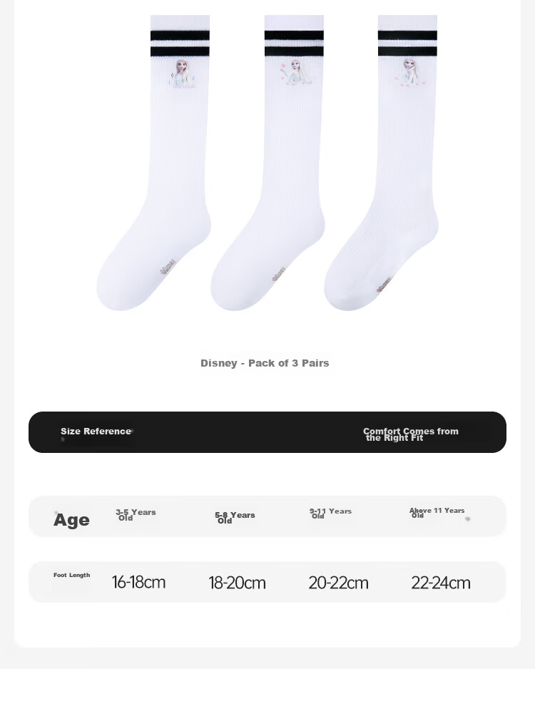 Disney Kids Long Tube Socks Summer Thin White Mid-Calf Socks Class A Mesh Socks Girls Elsa Princess 3-Pack M 8