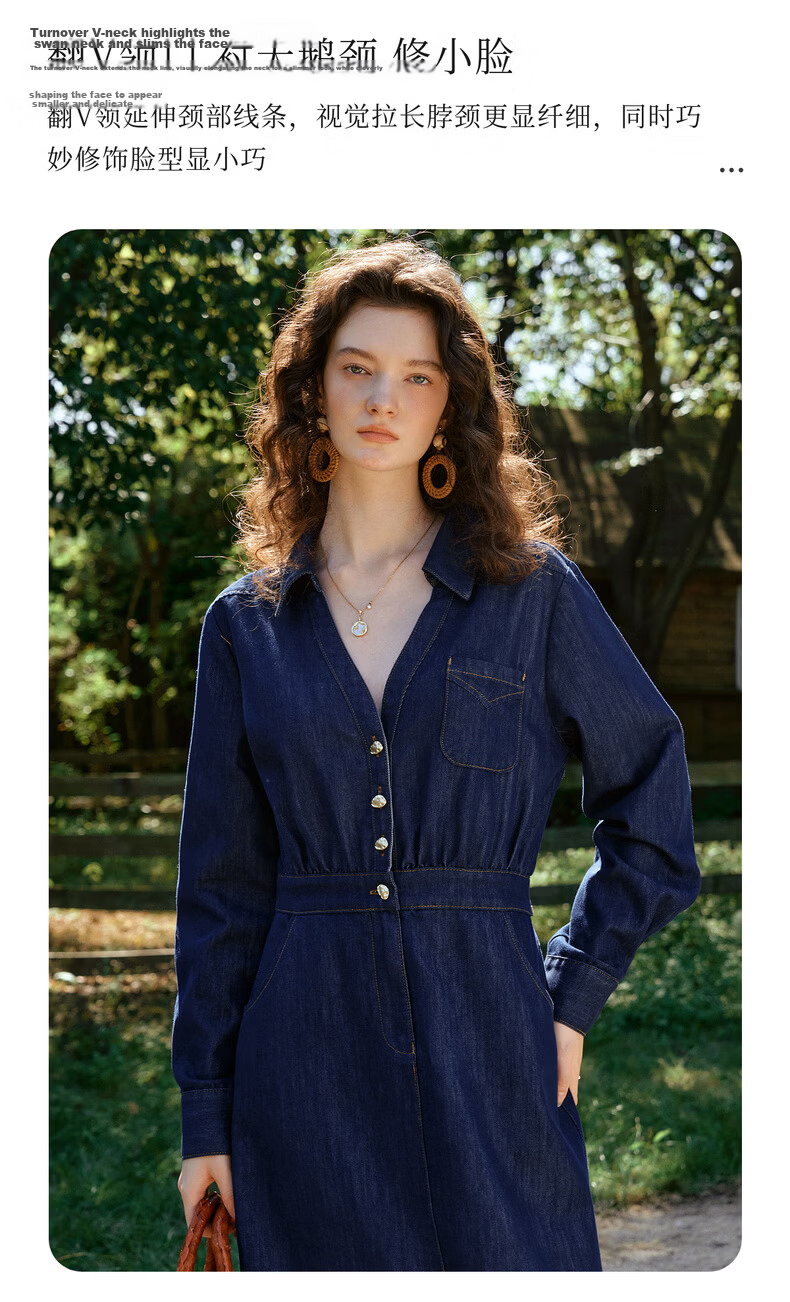Olrain Vintage V-Neck Waist-Cinched Denim Long Sleeve Dress for Women Spring Shirt-Style Long Dress Denim Blue M 9
