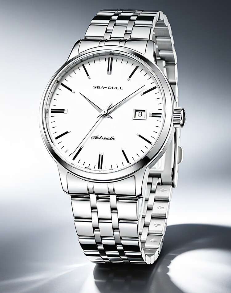 SEAGULL Men's Automatic Mechanical Watch with Date Display, Steel Strap Men's Watch, Birthday Gift for Men, Model 6613 White Dial Roman Numeral 3
