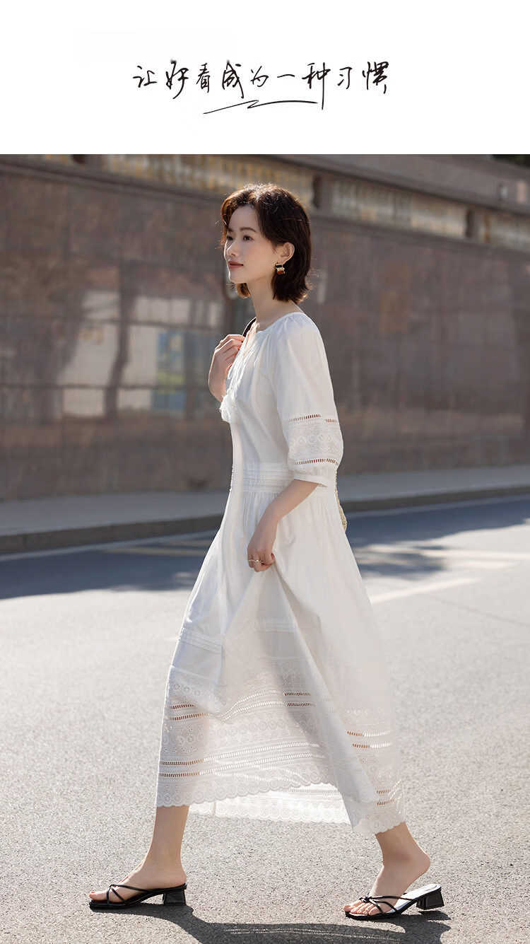 Demana Fresh Cotton Summer Elegant Tassel Ribbon Waist Slimming Conceal Body Dress for Women High-End Feel 1