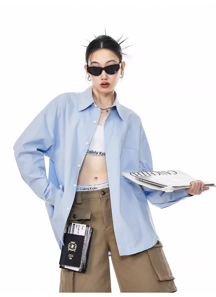 ICH MODE Blue Long Sleeve Women's Shirt Summer Loose Casual Blouse Versatile Trendy Top Jacket Blue S 23