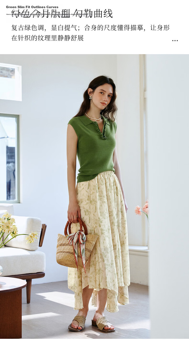Olrain Eurielle Summer New Retro Brightening Green Polo Collar Slim Fit Short Sleeve Knit Top Women Green XL 3