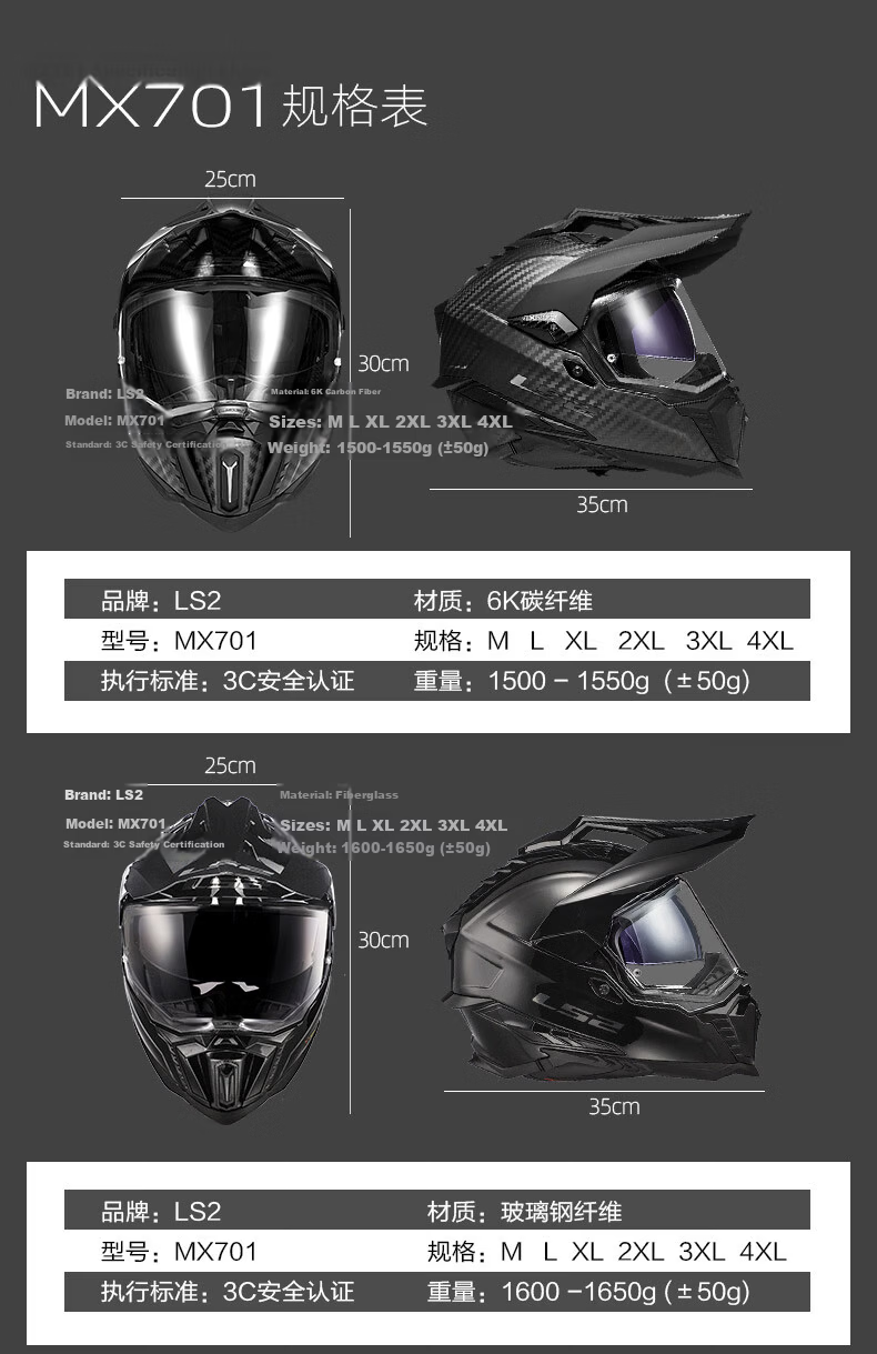 LS2 Carbon Fiber Off-Road Rally Full Face Motorcycle Helmet Unisex Dual Visor MX701 L Gray Open Face 13