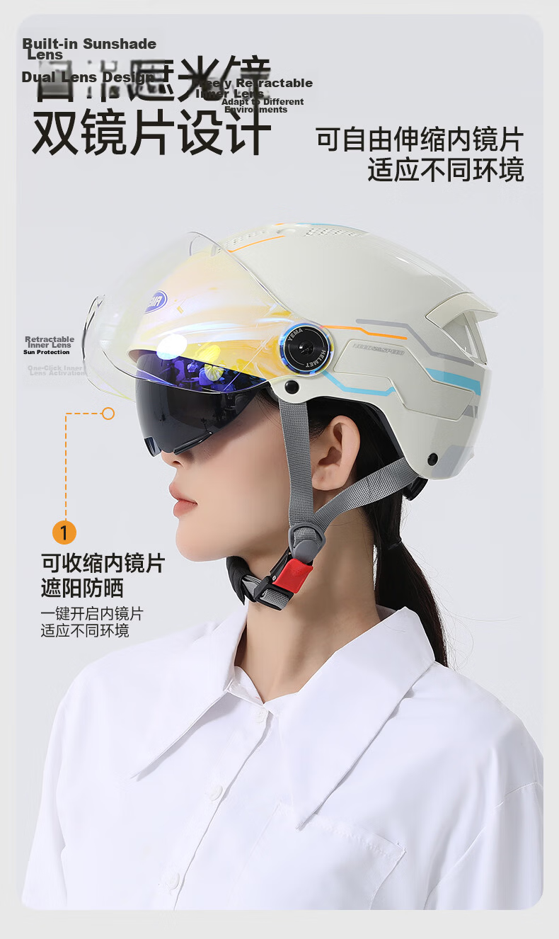 YEMA 3C Certified New National Standard Electric Vehicle Helmet Women Summer Sun Protection Dual Lens Motorcycle Half Helmet Men Summer Riding Electric Scooter Safety Helmet 371S Ceramic White with Tr 14