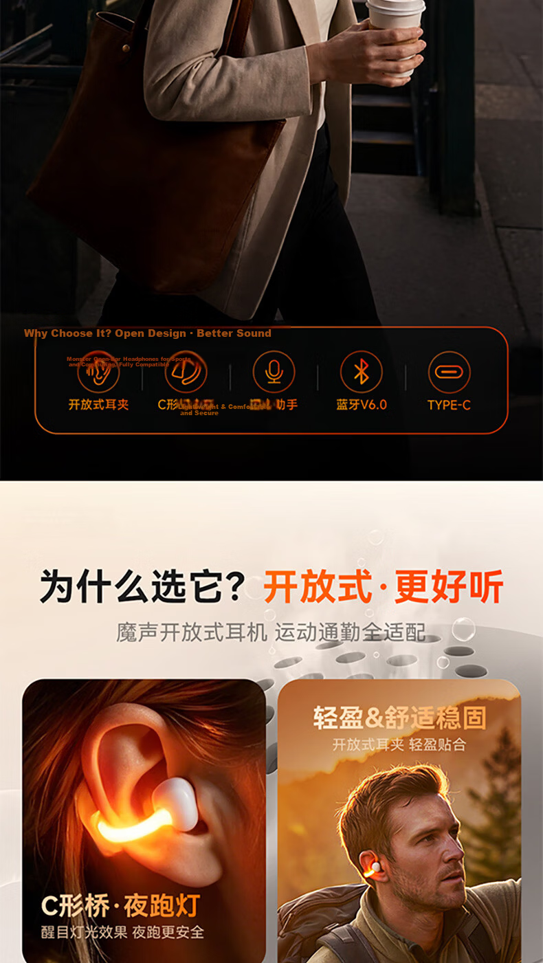 Monster 2026 New Arena Clip-On Wireless Bluetooth Earphones Sports Earphones with Night Running Light ENC Call Noise Cancellation Bluetooth 6.0 White Compatible with Apple and Huawei 2