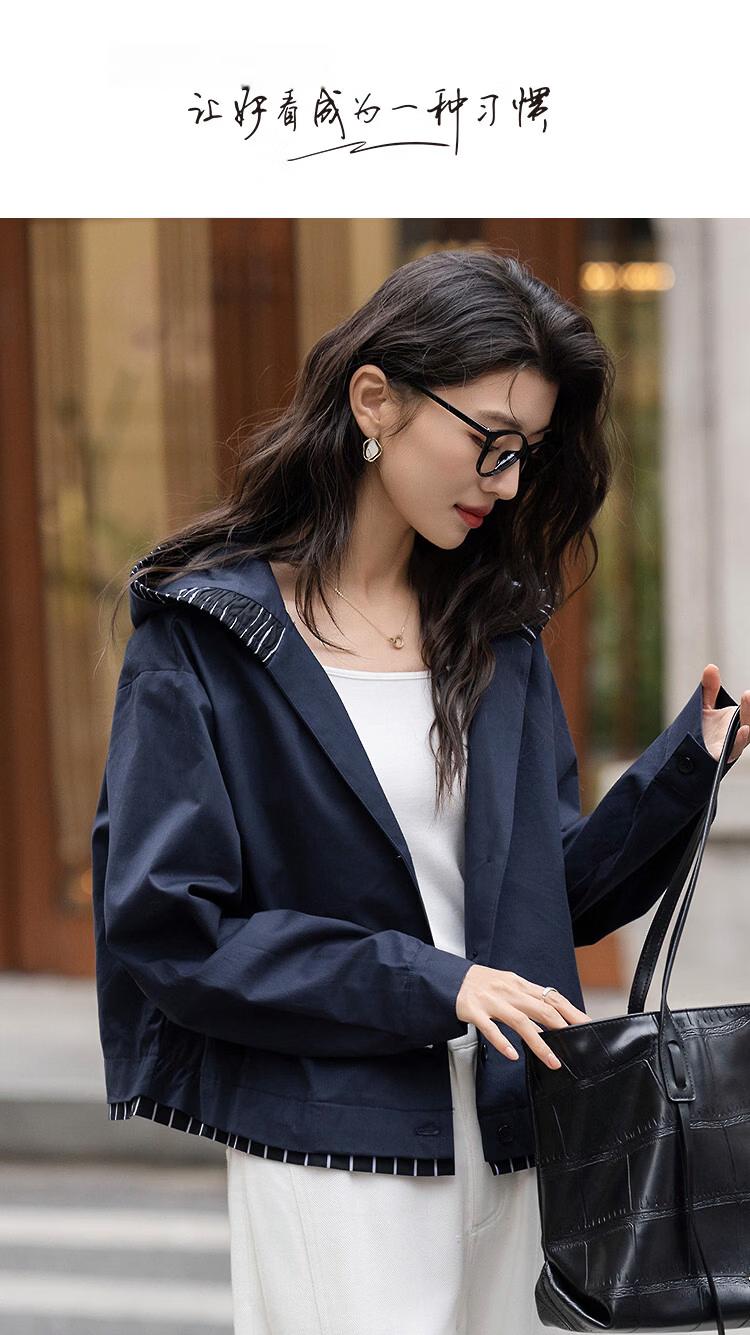 Demana [Light Oxygen 100 Cotton] Spring College Style Hooded Patchwork Striped Elastic Loose Petite Women's Jacket 1