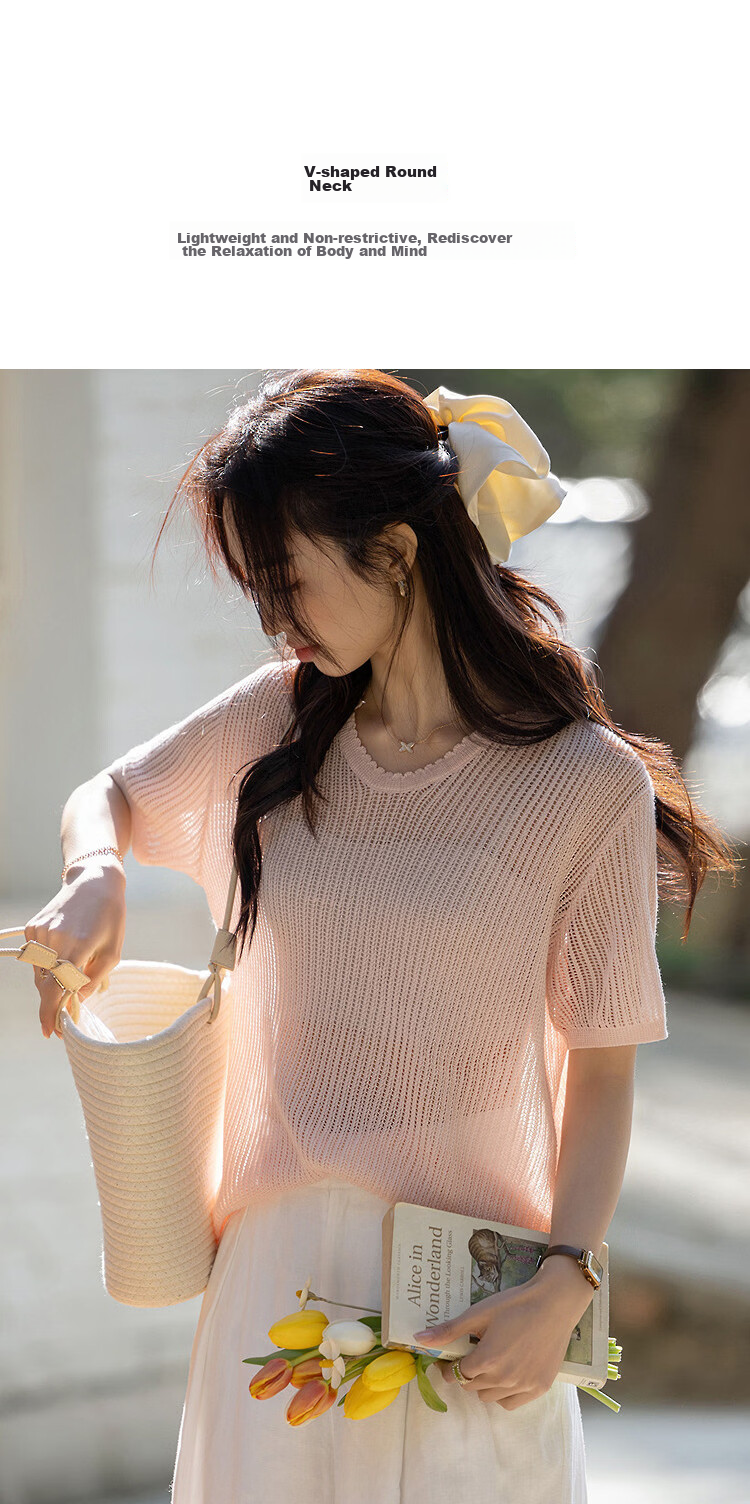 Demana [Breathable Tencel] Summer Elegant V-Neck Hollow Jacquard Slim Fit Short Sleeve Knit Top for Women Premium 7